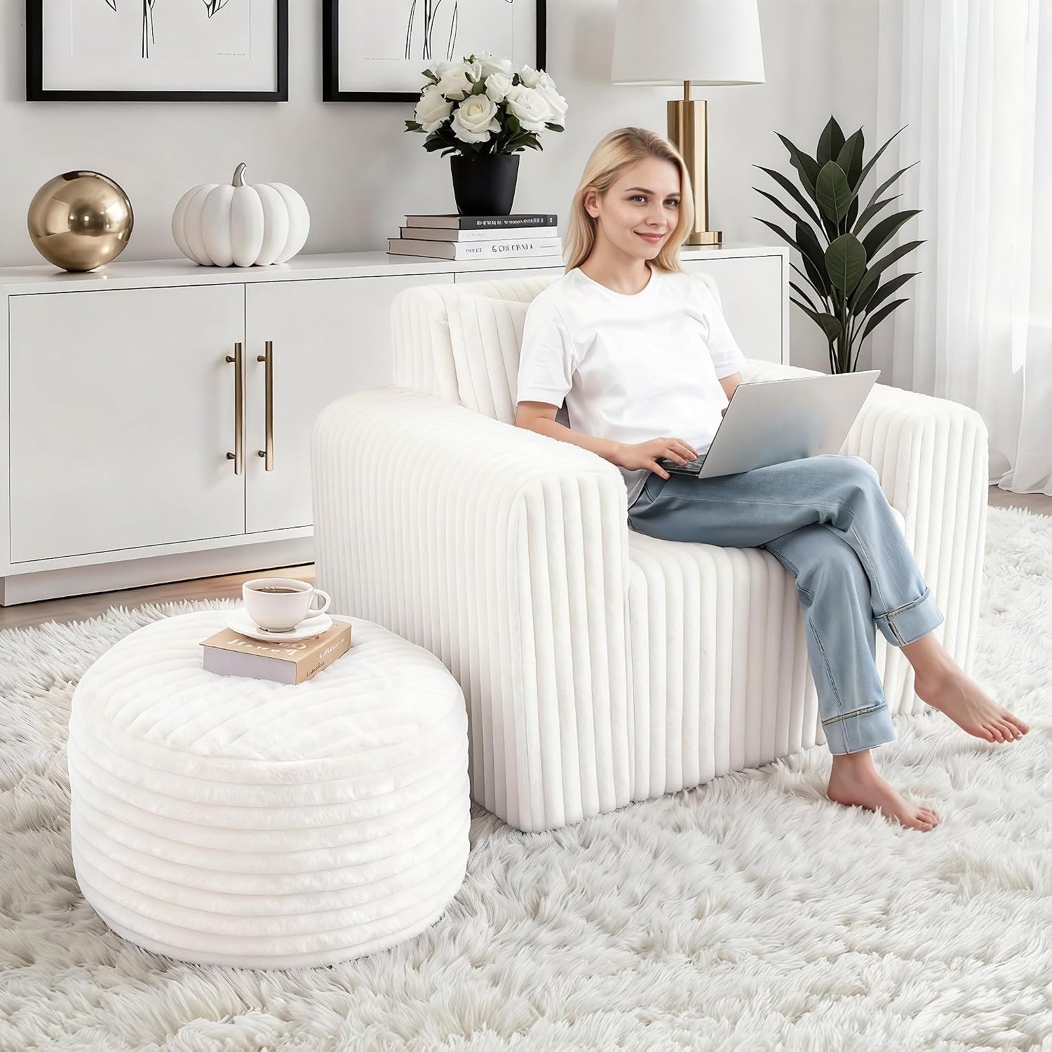 HABUTWAY Bean Bag Chair for Adults with Pillow, Giant Bean Bag Chairs with Ottoman, Comfy Dorm Chair with High Backrest & Wider Armrest, Lounger Chair Indoor for Bedroom Living Room(Beige)
