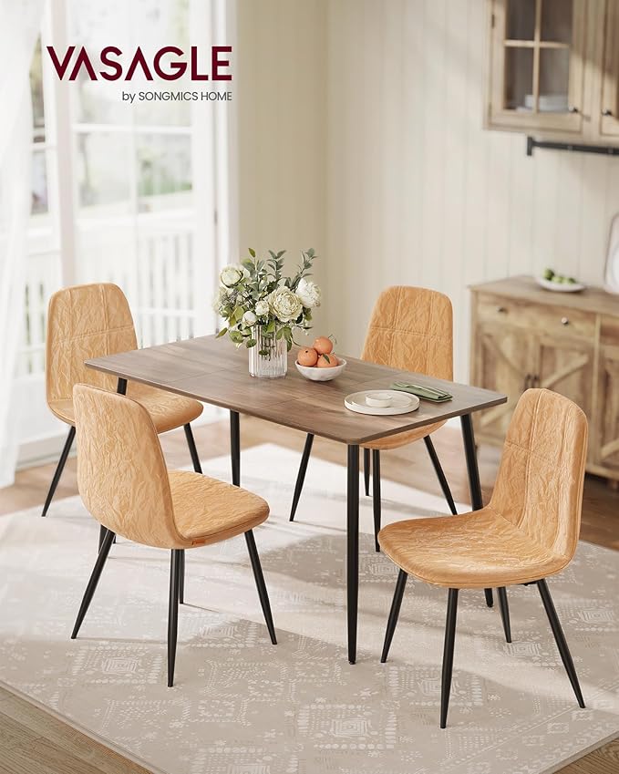 VASAGLE Dining Chairs, Set of 4 Dining Room Chairs, Metal Frame, Adjustable Feet, Easy to Clean, Glacier-Textured Synthetic Leather, for Kitchen, Caramel Brown UKDC188K01
