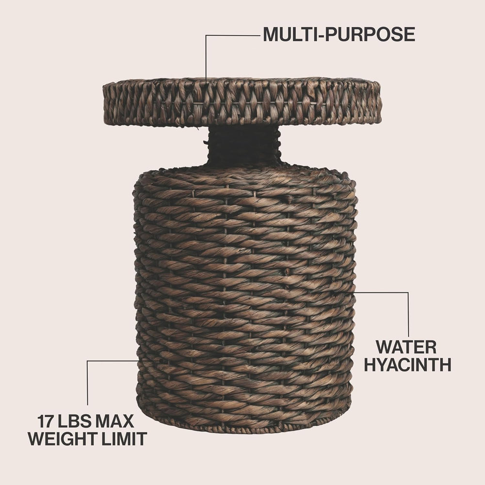 JONATHAN Y Marisol Round Brown Woven Water Hyacinth Side Table with Iron Fram...