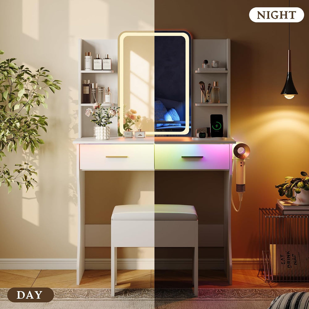 Makeup White Vanity Desk with Lights and Mirror, Small Vanity for Bedroom | V...