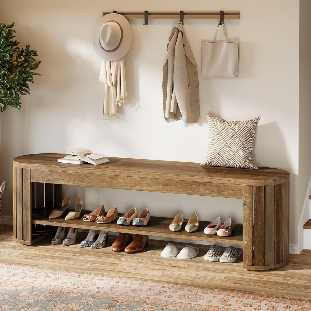 Tribesigns 63" Wooden Entryway Bench with Shoe Storage, Long 2-Tier Narr...