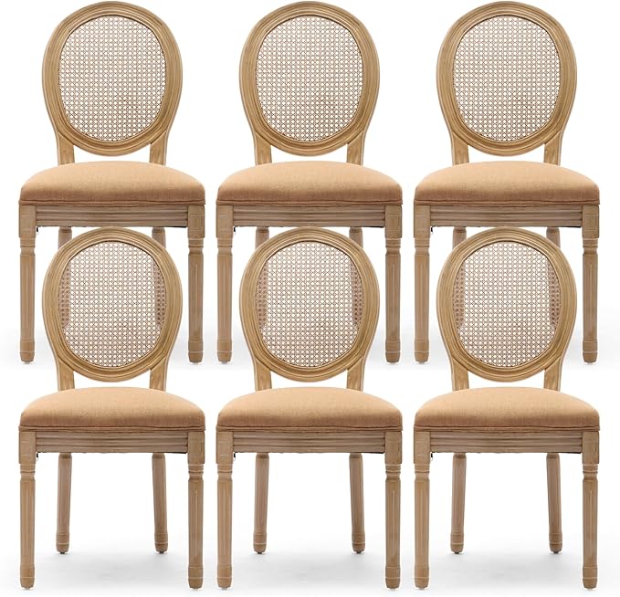 Rattan Back Upholstered Dining Chairs Set of 6 French Country Oval Kitchen Side Chairs with Wood Legs for Dining Room, Kitchen, Restaurant(Tan-Rattan)