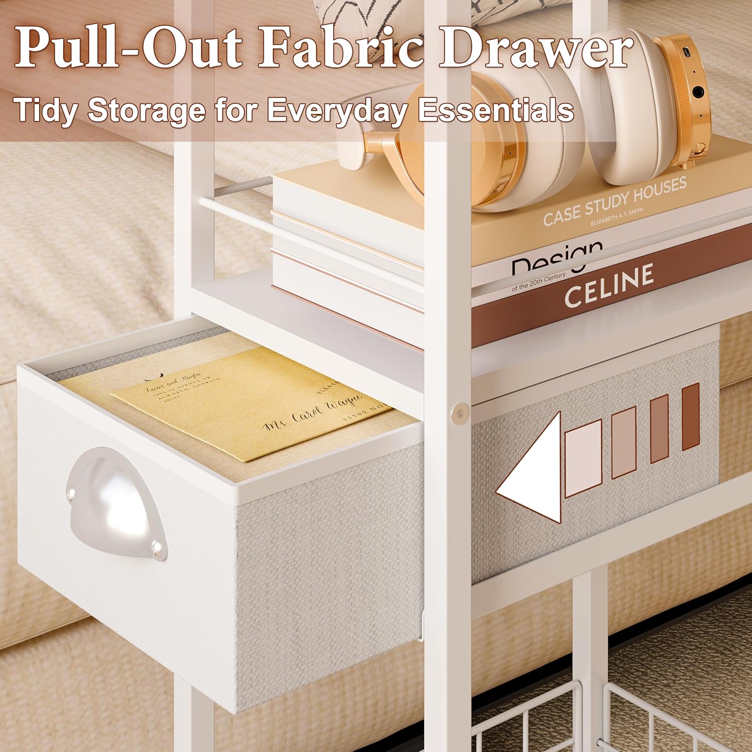 Rolling Side Table with Storage Drawer, White Bedside Table with Wheels, TV Tray for Sofa, Portable Desk on Wheels, Modern Night Stand, Overbed Table for Bedroom, C Shaped End Tables Living Room