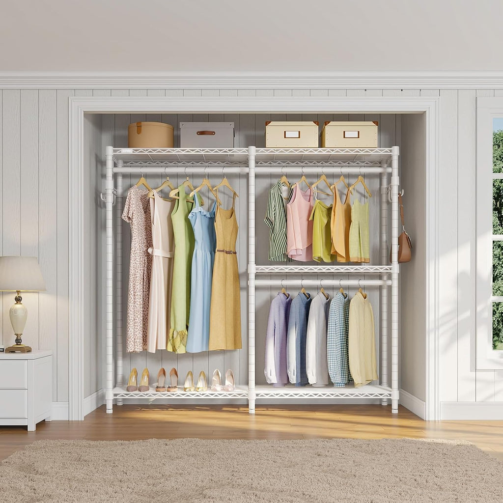 VIPEK V4C Heavy Duty Adjustable Clothing Rack, White Metal Closet Rack with Grey Cover, 57.9" L x 17.3" W x 76.4" H, 3 Hanging Rods & Side Hooks, Portable Closet