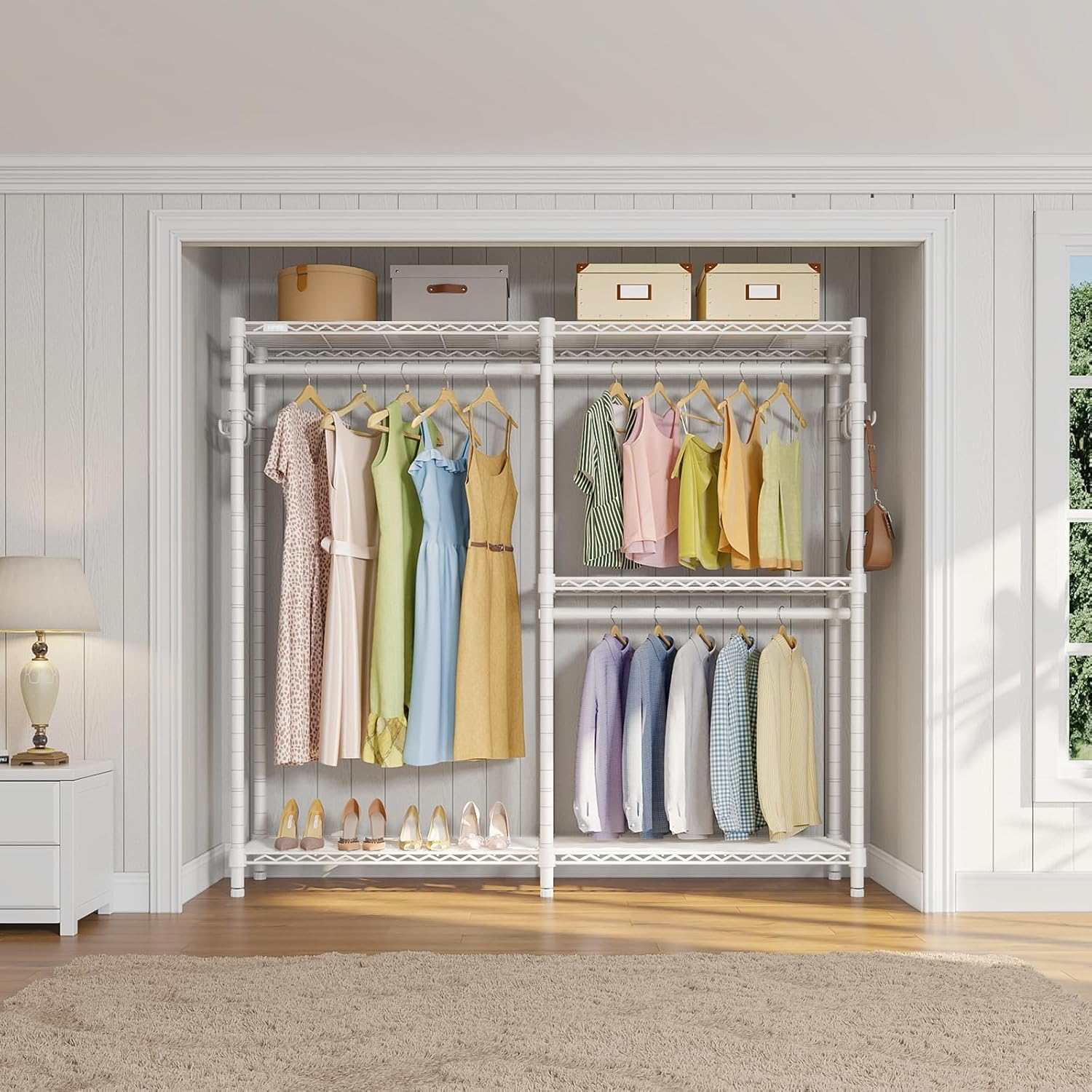 VIPEK V4C Garment Rack with Cover, Heavy Duty Portable Closet Adjustable Metal Clothing Rack for Hanging Clothes with Hanging Rods & Side Hooks, Max Load 810lbs, White Rack with Black Cover
