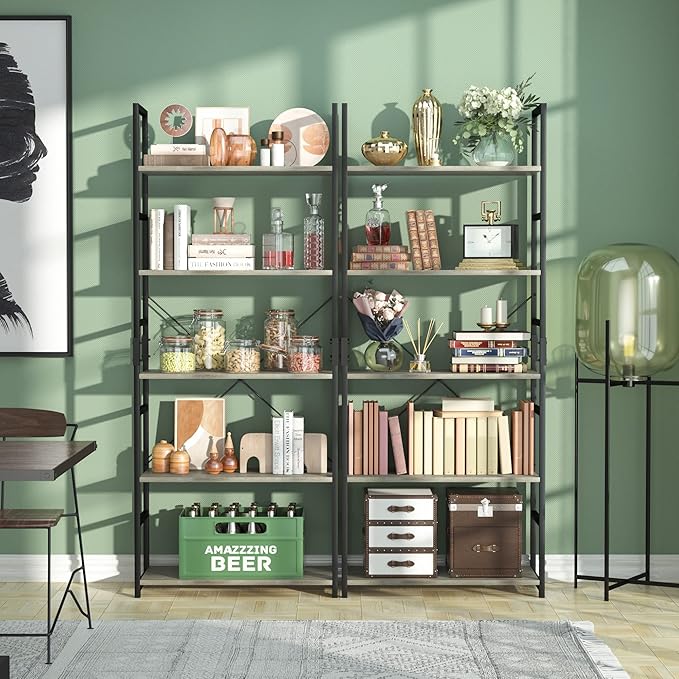 NUMENN 5 Tier Bookshelf, Tall Bookcase Shelf Storage Organizer, Modern Book Shelf for Bedroom, Living Room and Home Office, Grey