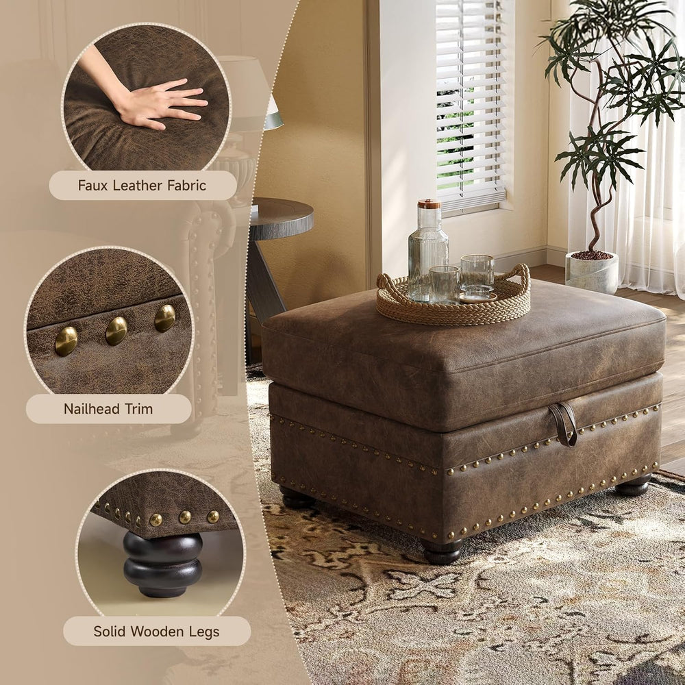 ONBRILL Faux Leather Ottoman with Storage, Rectangle Leather Foot Stool | Ott...