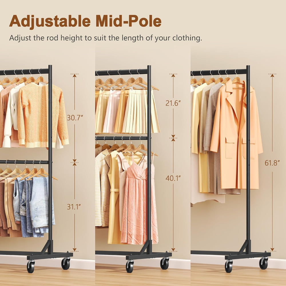 Hoctieon Double Rod Z Rack, Rolling Clothes Racks with Z-Base, Adjustable Clo...