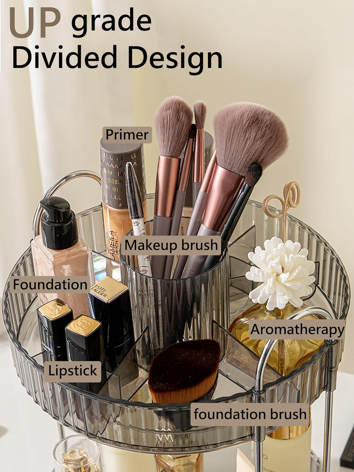 360 Rotating Makeup Organizer,2 Tier Large Capacity Make Up Organizers and Storage,Skincare Perfume Vanity Organizers,Bathroom Cosmetics Storage Organizer Countertop(Grey)