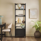 Walker Edison Transitional Reeded Narrow Open Bookshelf with Drawer Home Office Living Room, Bedroom, 4-Shelf Bookcase with Bottom Storage, 22 Inch, Black