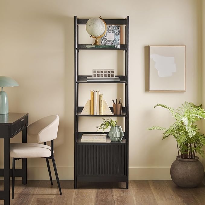 Walker Edison Transitional Reeded Narrow Open Bookshelf with Drawer Home Office Living Room, Bedroom, 4-Shelf Bookcase with Bottom Storage, 22 Inch, Black