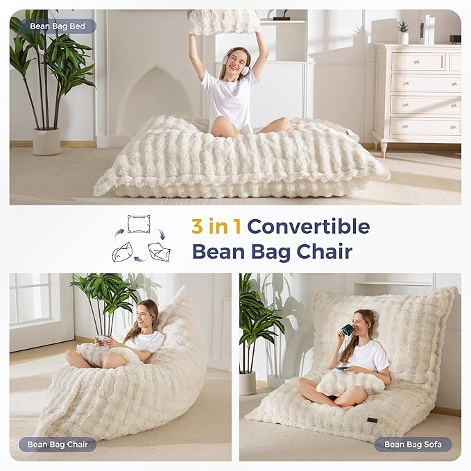 MAXYOYO Giant Bean Bag Chair with Pillow, 3 in 1 Convertible Bean Bag Chair for Adults with Removable Cover, Floor Cushion Stuffed Floor Lounger for Living Room Bedroom, Bubble Beige