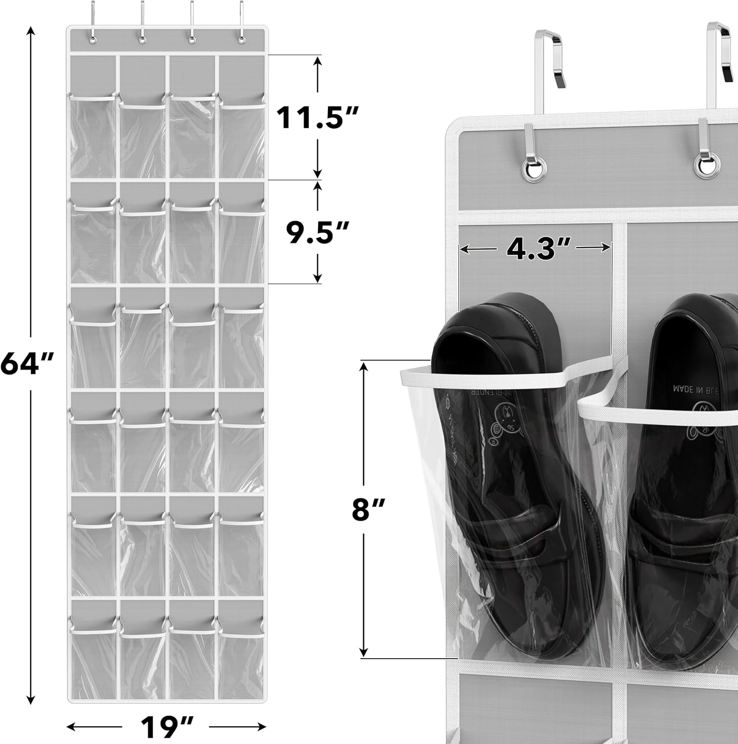 Simple Houseware 24 Pockets Clear Over the Door Shoe Organizer, Gray | 64" x 19", 4 Durable Metal Hooks, 4.3" x 9.5" Pocket Size, Multipurpose