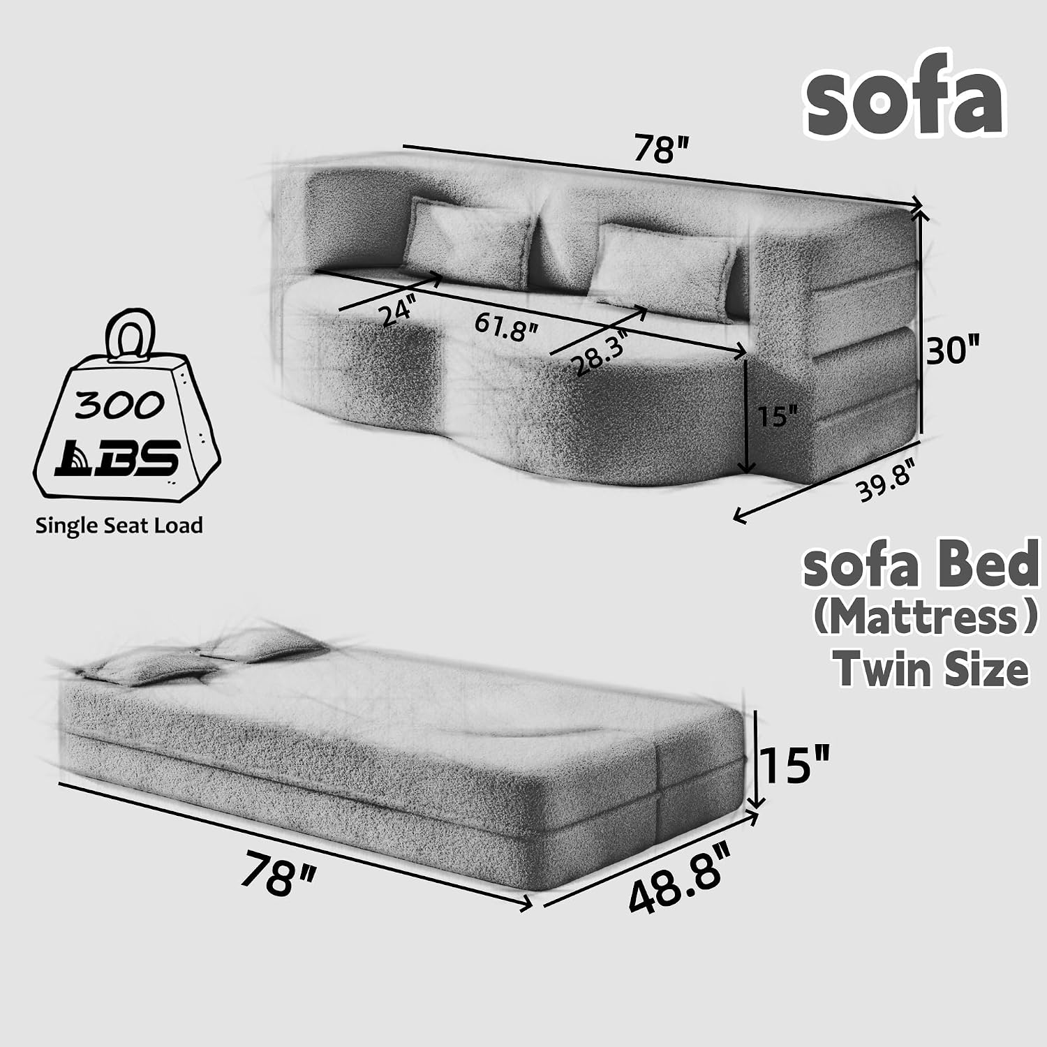 Convertible Folding Sofa Bed, 2-in-1 Full Size Floor Boneless Couch Bed, Loveseat sleeper Couch , Corduroy Floor Sofa, Memory Foam Sleeper SofaBed, Small couches for small spaces, No Assembly, Orange
