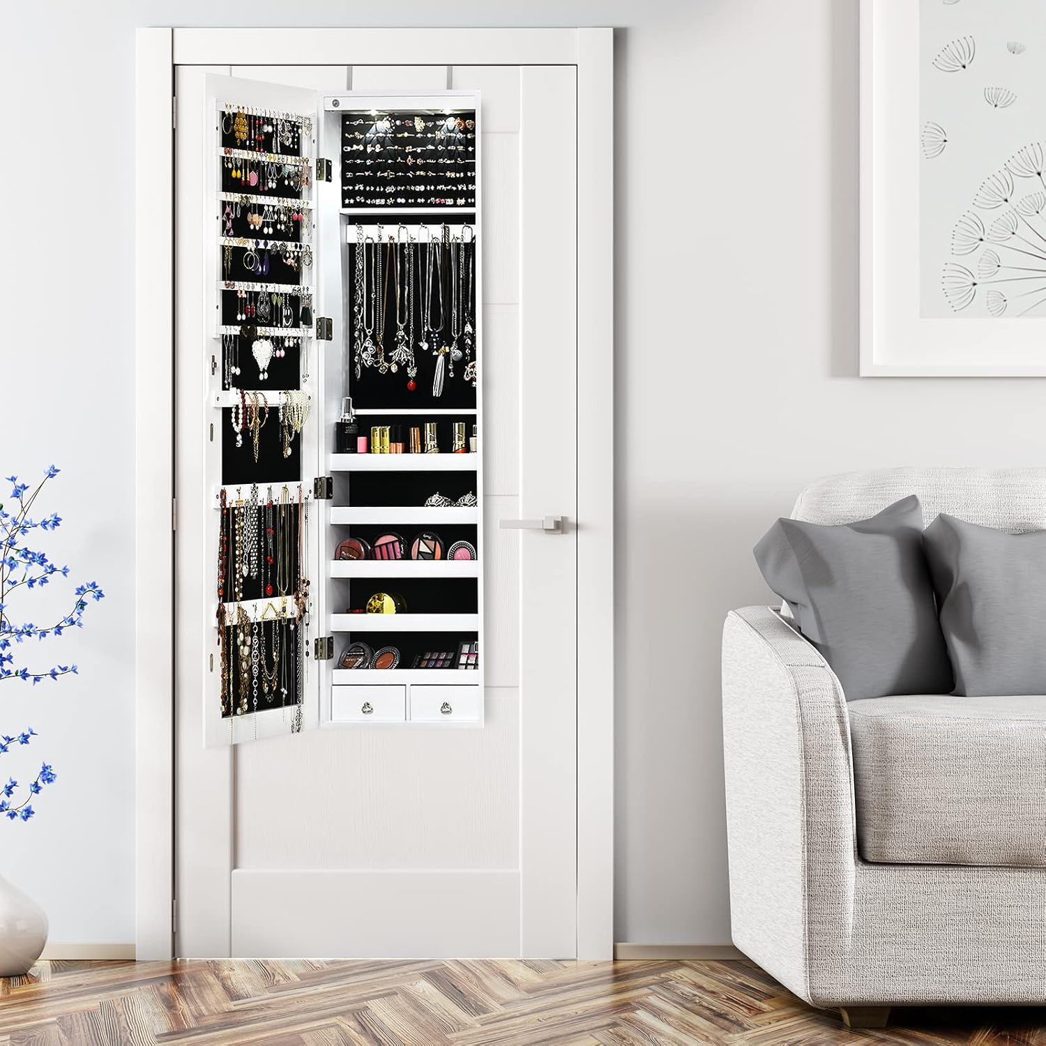 Byroce 47.5''H Jewelry Armoire, Over the Door/Wall Mounted, Full Length Mirror with Jewelry Storage, 2-LED Lockable Jewelry Cabinet with 2 Drawers, Hanging Jewelry Organizer for Bedroom (White)