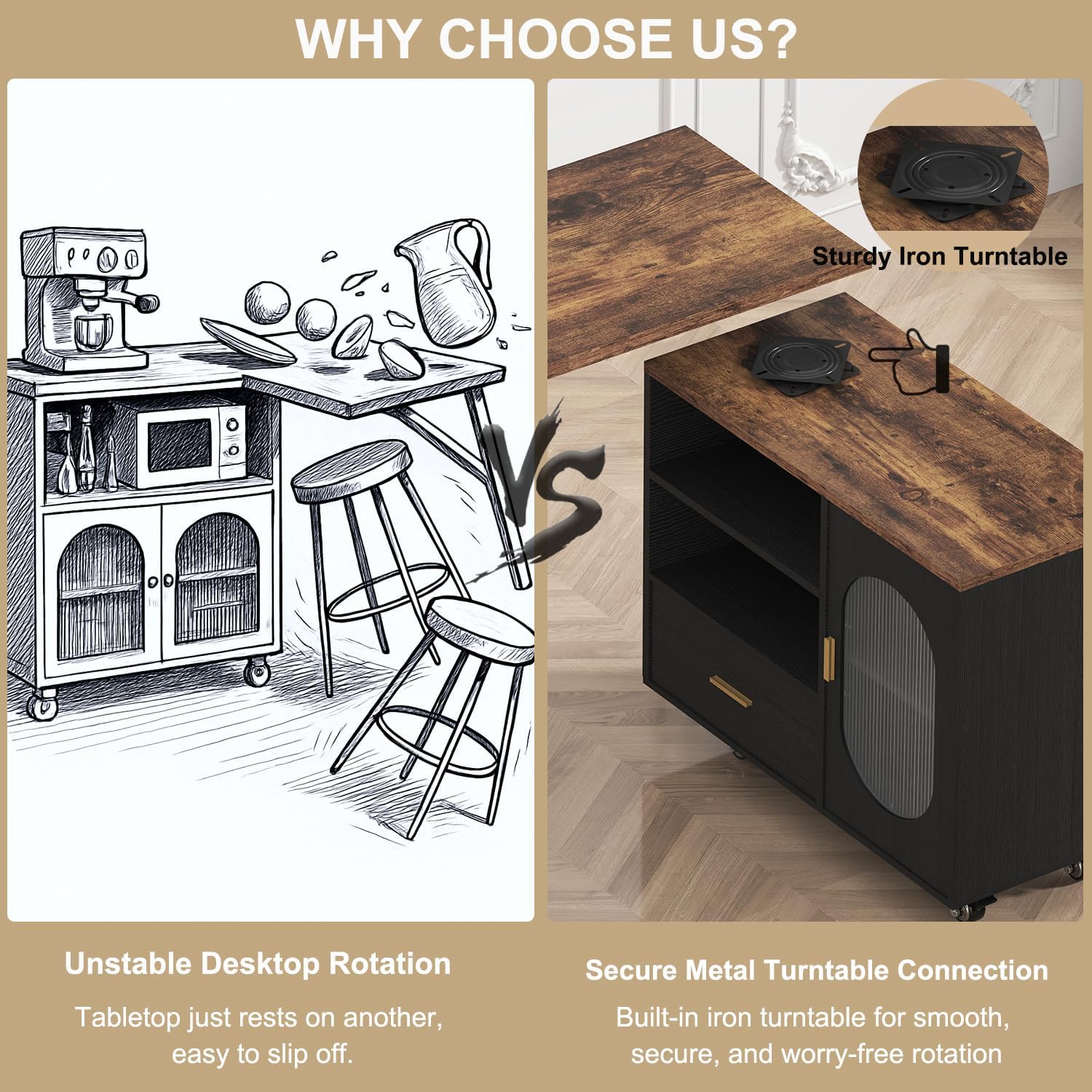 HSH Rolling Kitchen Island with Seating & Storage with Wheels, Rustic Brown | 72” Large kitchen island, 360° swivel & extendable table, movable island Cart with cabinet, drawer and shelves for Kitchen