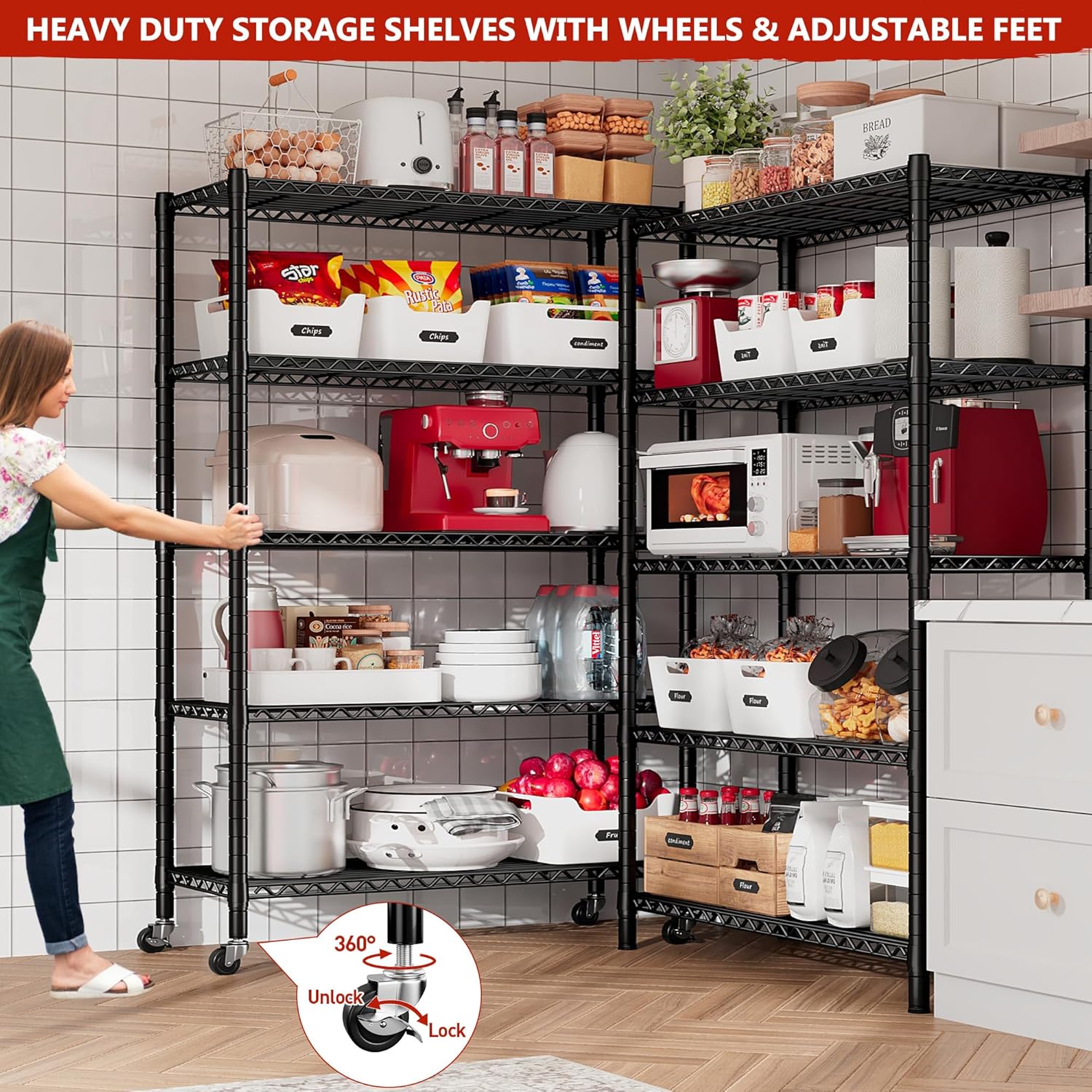 REIBII Storage Shelves Load 1980LBS,5 Tier Metal Shelving Unit with Wheels,Adjustable Garage Shelving Wire Shelves Commercial Shelf for Garage Pantry Kitchen,76''HX36''WX16''D Black