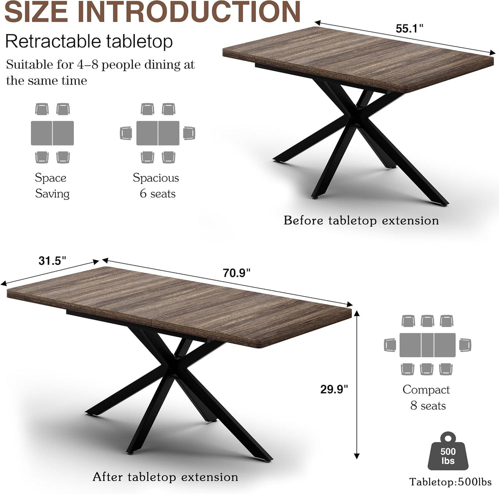 Extendable Dining Room Table for 4 6 8, 55"-70.9" Kitchen Table Rec...
