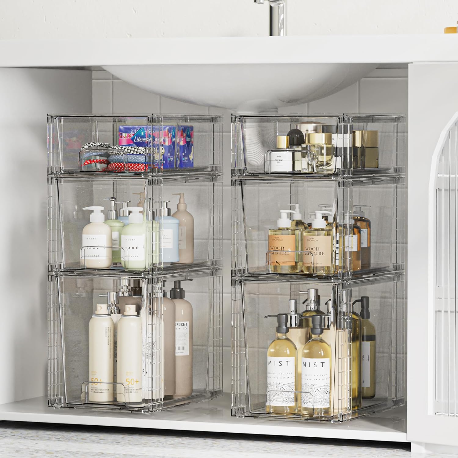 Vtopmart 3 Pack Clear Stackable Storage Drawers,Easy to Assemble Bathroom Organizers and Storage with handles,Plastic Drawers for Kitchen Pantry,Cabinet,Under Sink Organization