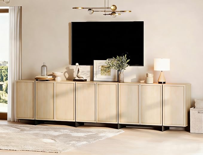 WAMPAT Multifunctional TV Stand for 32-110 Inch TVs, Modern TV Console Entertainment Center with T-Shaped Legs, Media Console Table for Living Room, Bedroom, Light Oak