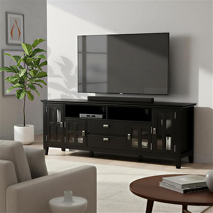 SIMPLIHOME Artisan SOLID WOOD 72 Inch Wide Transitional TV Media Stand in Black for TVs up to 80 Inches, For the Living Room and Entertainment Center