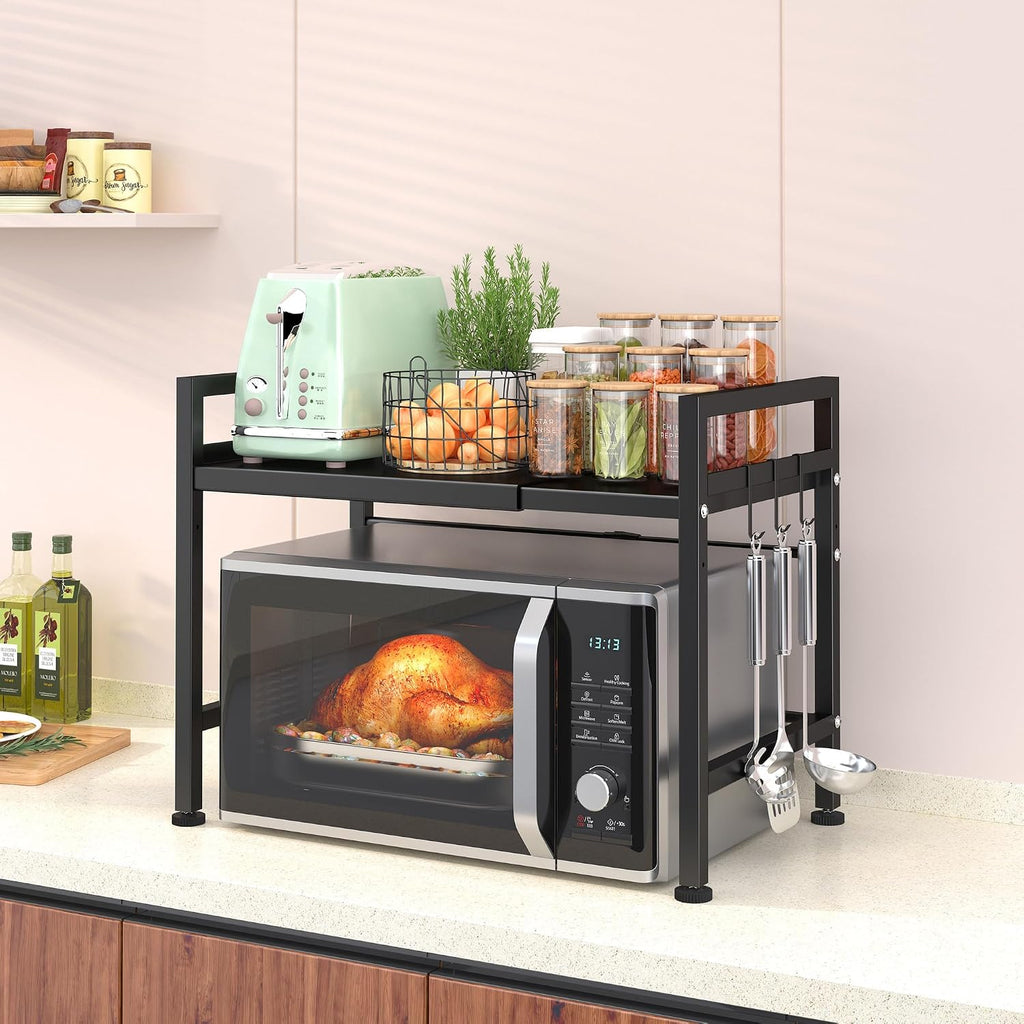 PUSDON Textured Black Microwave Oven Rack, Expandable 2-Tier Kitchen Countertop Organizer, Heavy Duty Carbon Steel Stand with 3 Hooks, Adjustable Height & Length