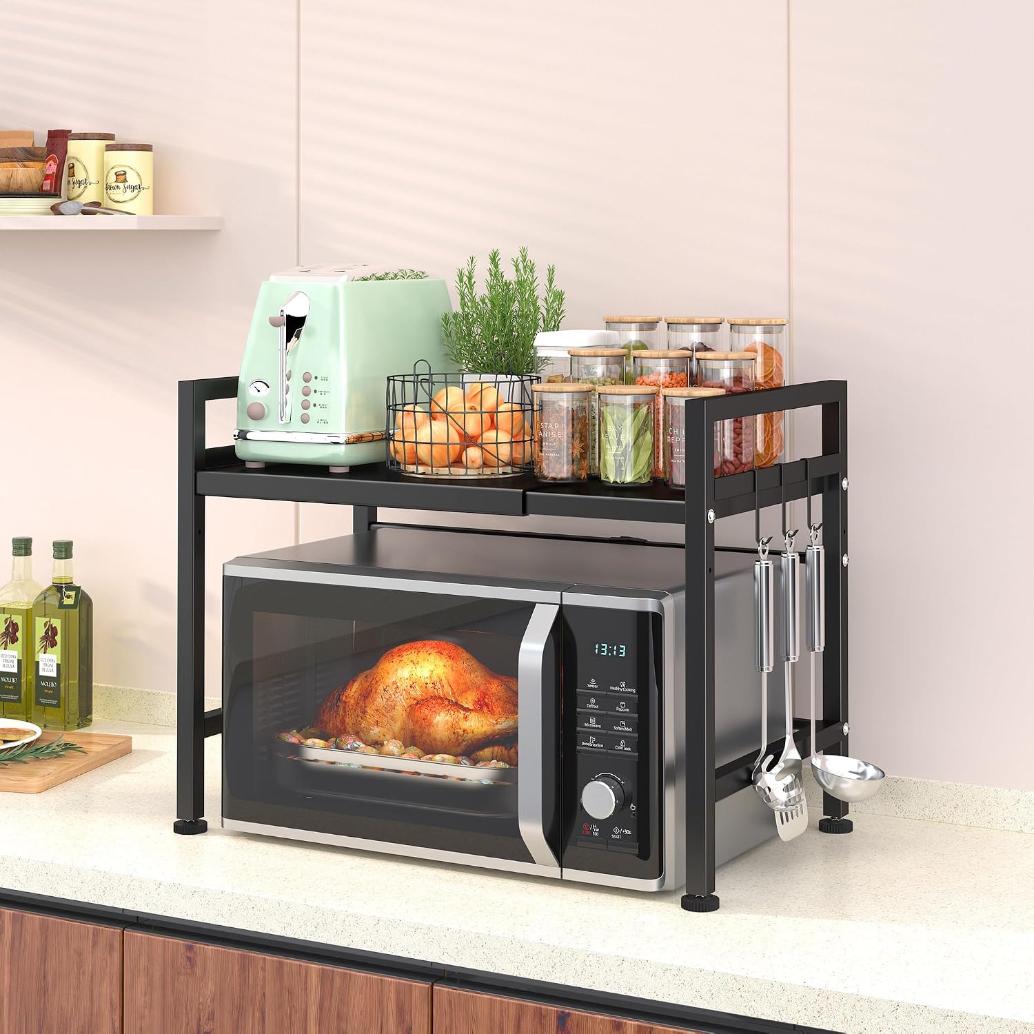 PUSDON Textured Black Microwave Oven Rack, Expandable 2-Tier Kitchen Countertop Organizer, Heavy Duty Carbon Steel Stand with 3 Hooks, Adjustable Height & Length