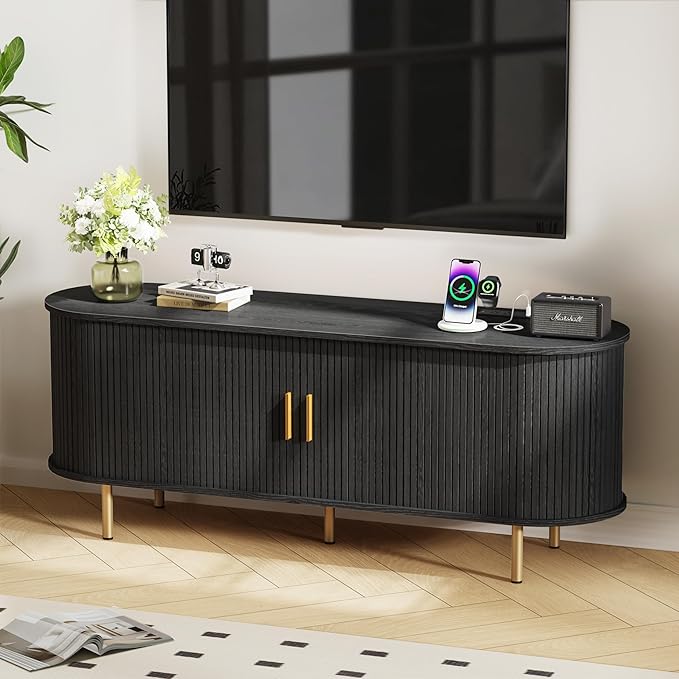 DHH 55 Inch Mid Century Modern TV Stand with Power Outlet for TVs up to 60 Inch, Entertainment Center with Storage and Adjustable Shelves, Media Console with Sliding Doors for Living Room(Black)
