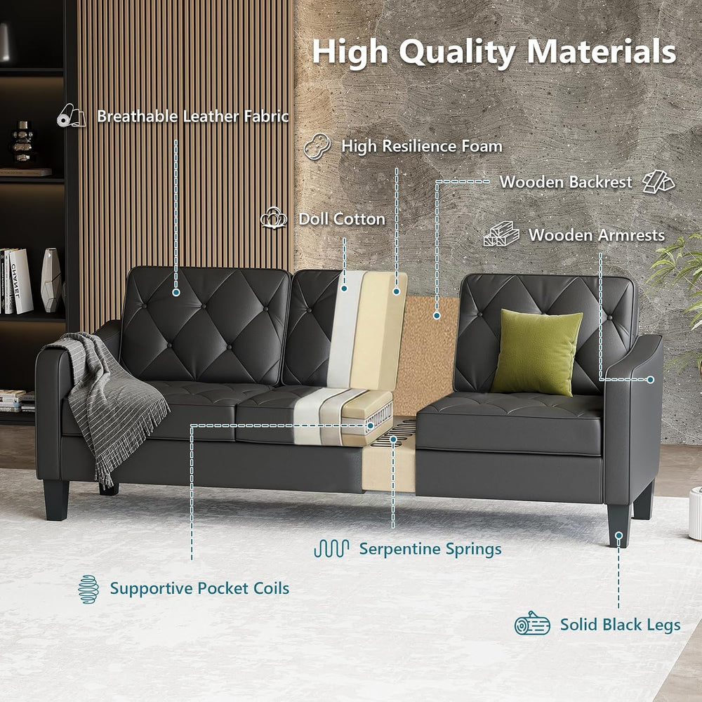 83" Black Faux Leather 3 Seater Couch, Mid Century Tufted Sofa Living Ro...