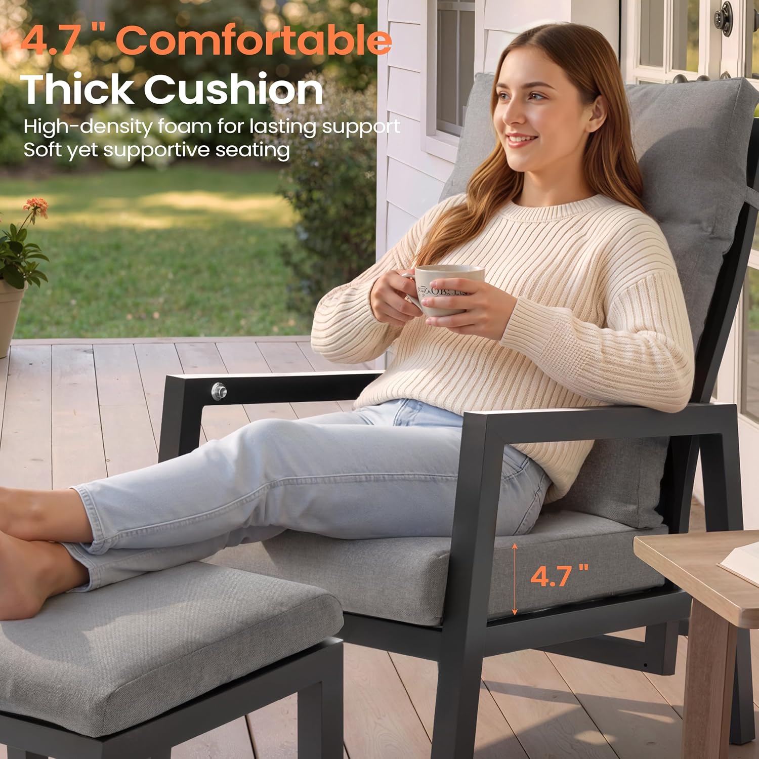 Pellebant Aluminum Outdoor Recliner Chair with Pneumatically Adjustable Backrest - Weather-Resistant Patio Lounge Chair, 4.7-Inch Thick Removable Cushions for Deck, Porch & Backyard, Grey