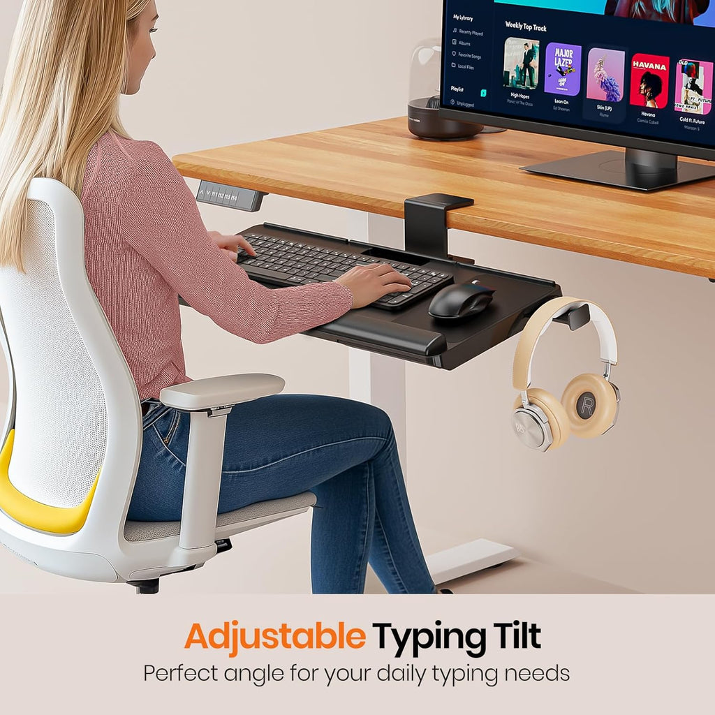Klearlook Keyboard Tray Under Desk with 360° Rotation, Ergonomic Computer Keyboard & Mouse Tray 25"W×11.02"D Sit Stand Desk Keyboard Holder w/Wrist Rest & Storage Drawer (Height is not Adjustable)