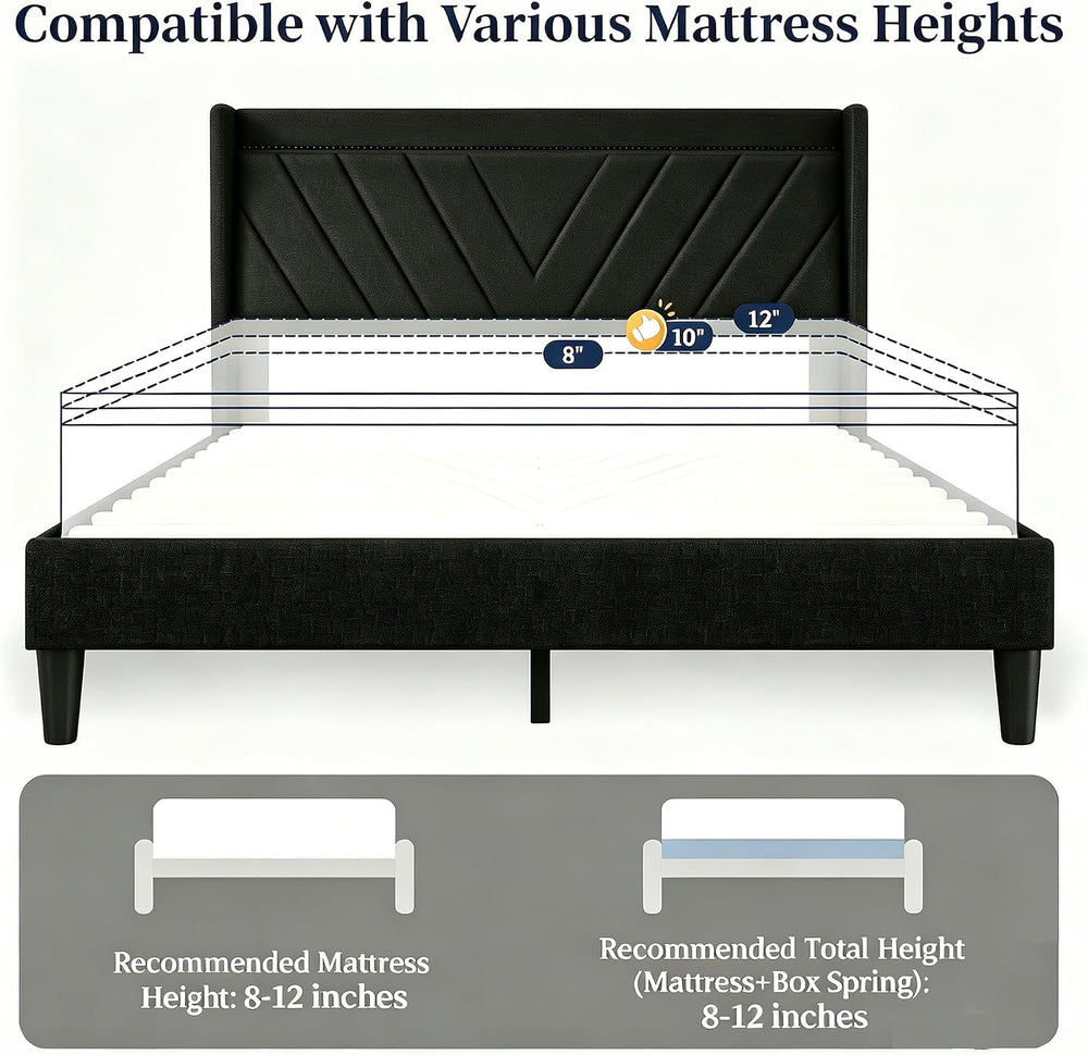 Full Size Bed Frame with Charging Station and LED Lights, Upholstered Wingbac...