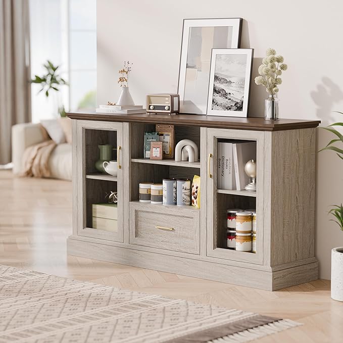 Beige Farmhouse TV Stand with Storage Cabinets and Glass Doors, Entertainment Center for 75 Inch TV, Media Console Side Storage Cabinets for Living Room