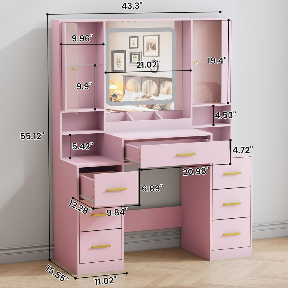BORNOON Vanity Desk with Mirror and Lights, Makeup Vanity with 7 Drawers, 2 G...