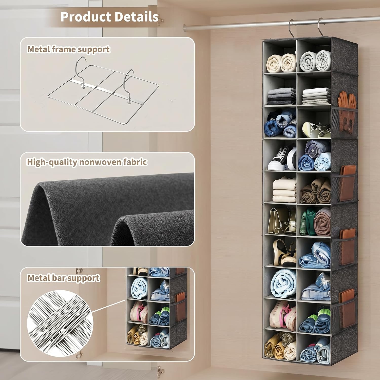 Hanging Shoe Organizer for Closet - 20 Extended Sections Closet Shoe Storage Rack with 8 Side Mesh Pockets, Foldable Shelves Holder for Shoes Clothes Shirts Jeans Hats