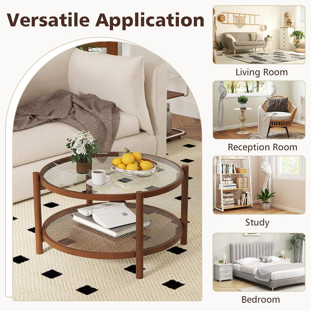 Rattan Coffee Table, 2-Tier Boho Glass Coffee Table with Solid Wood Frame &am...