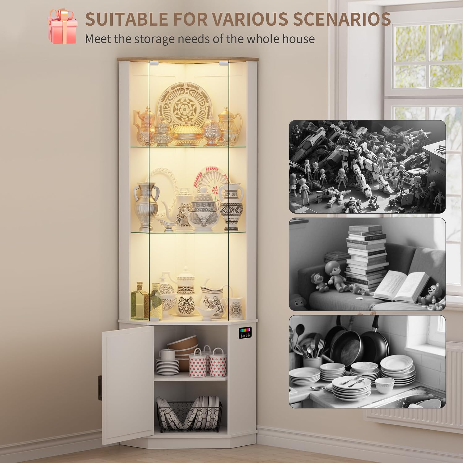 69" Corner Glass Display Cabinet with RGB Lights for Living Room, White | Curio Display with 3-Tier Movable Glass Shelves and Human Body Sensor,Display Cabinet for Toys,Books,Collectibles,Liquor