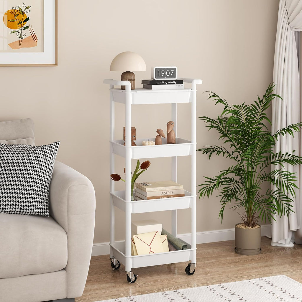 MIOCASA Utility Rolling Cart with Detachable Tray Top, 4-Tier Kitchen Storage Organization, Art Cart with Wheels for Office, Classroom, Livingroom, Kitchen, Bathroom (White, 4-Tier-Plastic)