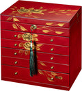 Hand-drawn rose wood jewelry box 6-Layer Jewelry Organizer for women,Large capacity jewelry storage box with lock in red color,store glasses,watches,necklaces,rings,earrings