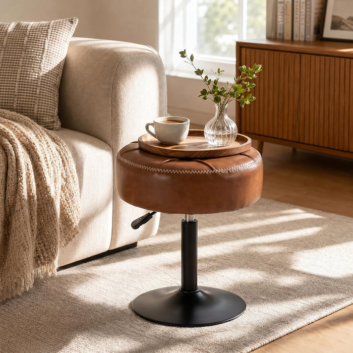 Adjustable Vanity Stool with Round Seat, 360° Swivel Faux Leather Makeup Chair for Vanity, Heavy Duty Metal Base Small Ottoman for Bedroom Bathroom(Brown)