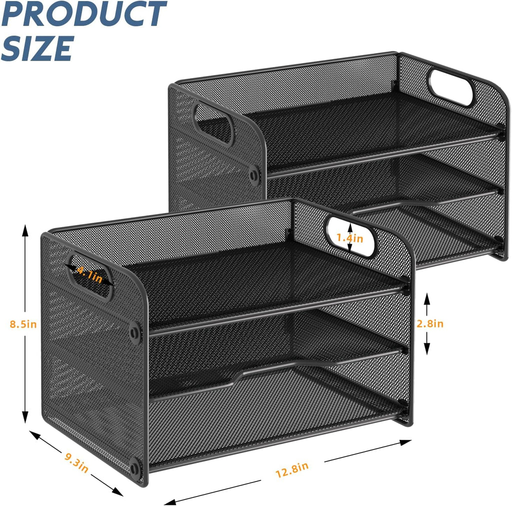 samstar 2 Pack 3 Tier Letter Tray Paper Organizer with Handle, Mesh Desk Organizer Paper Sorter File Rack Shelves, Black