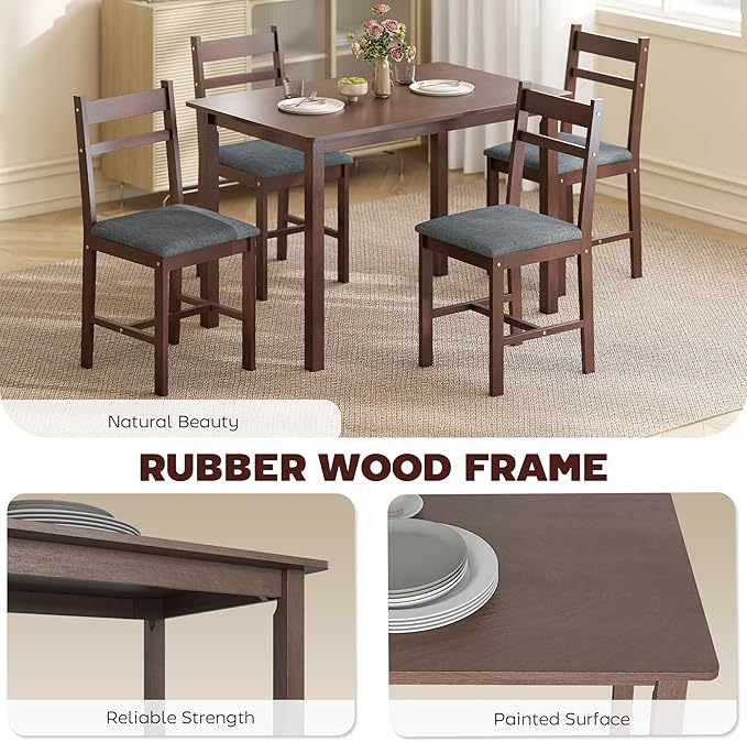 HOMCOM 5-Piece Solid Wood Dining Table Set for 4, Farmhouse Kitchen Table with Upholstered Chairs for Small Space, Dining Room, Breakfast Nook, Walnut and Gray