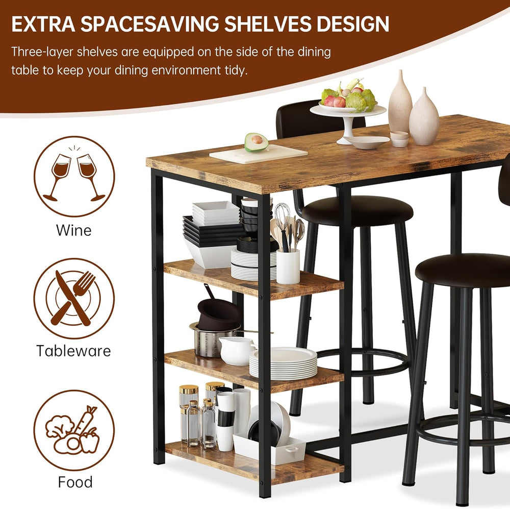 Recaceik Pub Dining Table Set for 2, Table and Bar Stools with 3 Storage Shel...