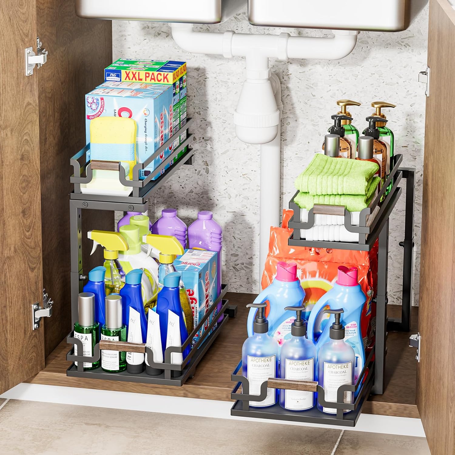 Under Sink Organizer, 2 Tier Slide Out Storage for Bathroom Kitchen (2 Pack)