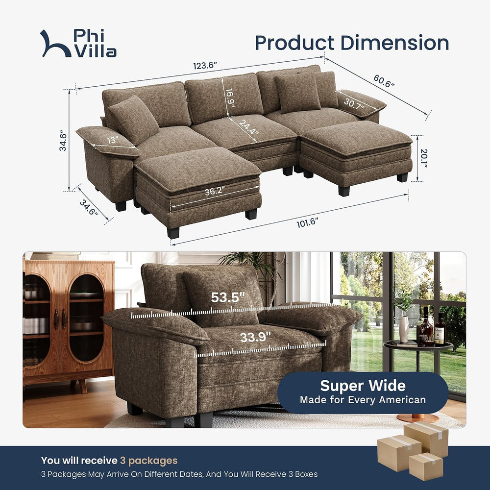 PHI VILLA Modular Sofa 5-Seat U Shaped Cloud Couch Sectional with Ottoman