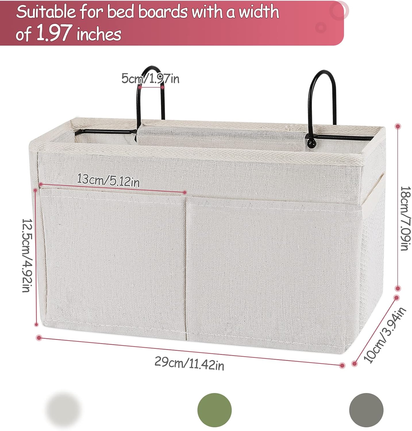 Bedside Caddy Hanging Storage with Water Bottle Holder for Bunk Bed Hospital Bed Dorm Rooms (White)