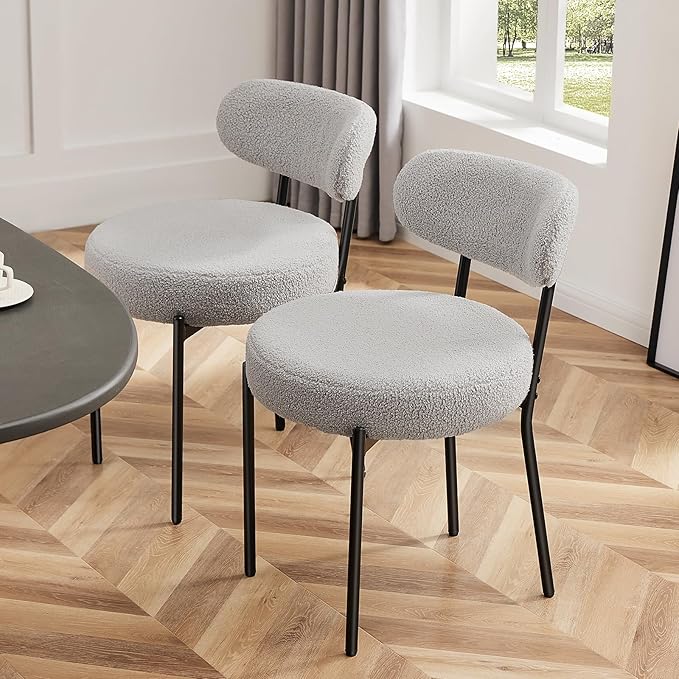 Sweetcrispy Dining Chairs Set of 4, Boucle Upholstered Modern Mid Century Round Kitchen Chairs with Curved Backrest & Metal Legs for Vanity, Living Room - Grey