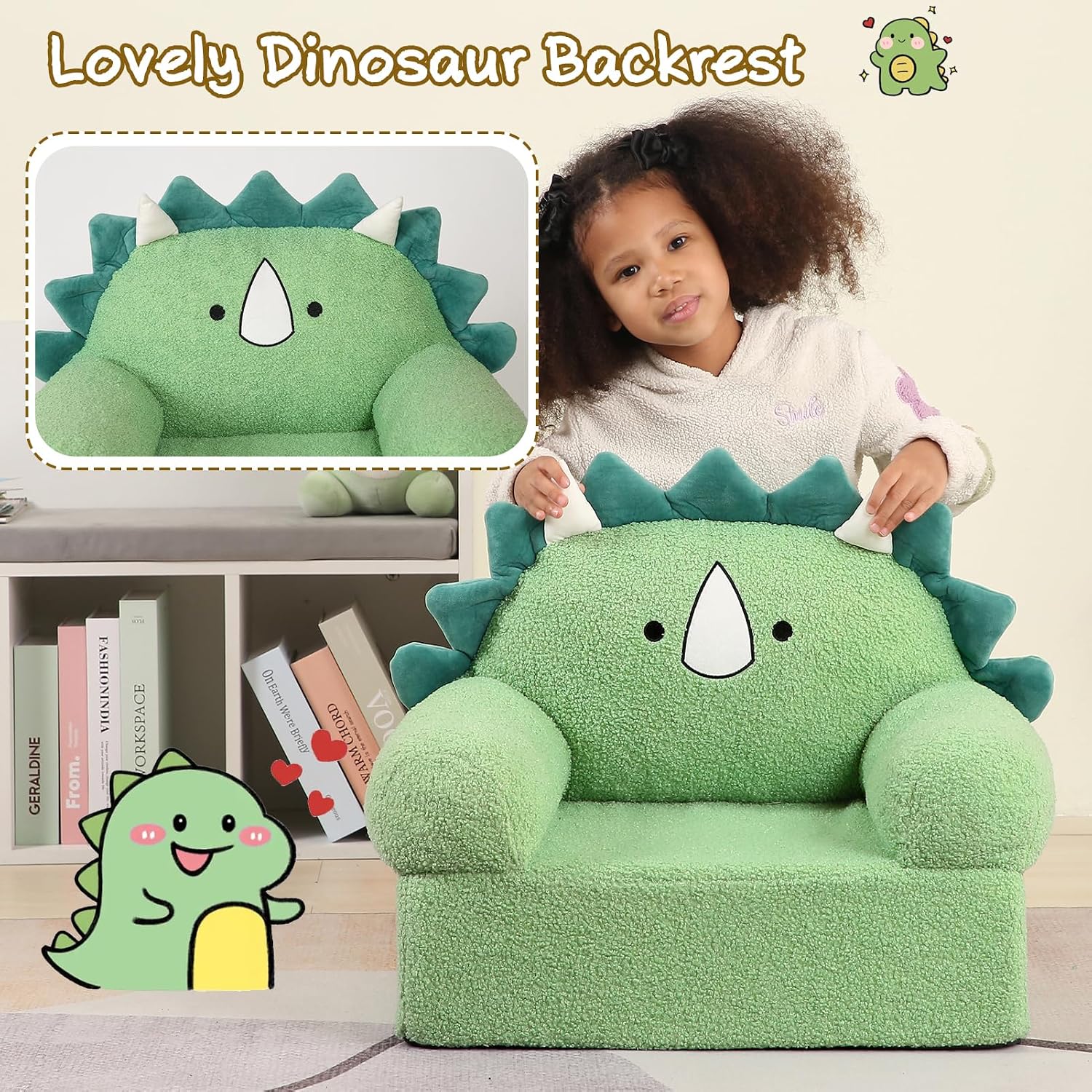 MOMCAYWEX Comfy Toddler Chair, Snuggly Kids Armchair, Green Dinosaur