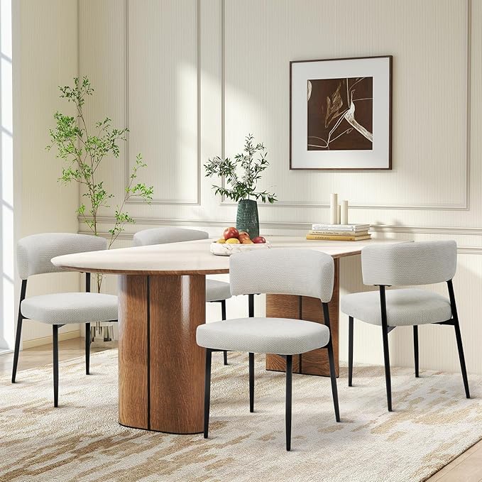 DUMOS Dining Chairs Set of 4, Mid Century Modern Chair Round Upholstered Curved Backrest, Kitchen Vanity Living Room Chairs with Black Metal Legs, Beige