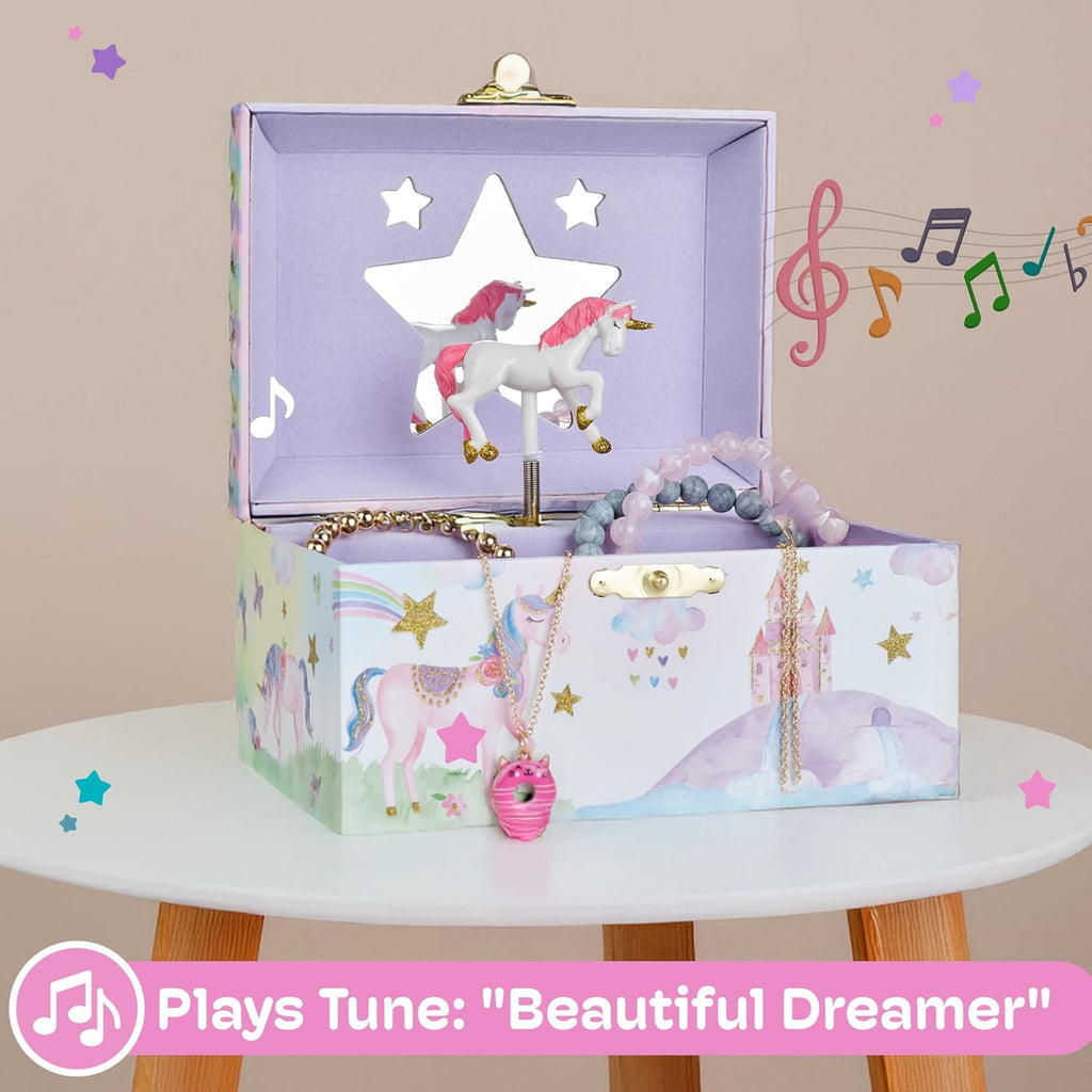 Jewelkeeper Musical Jewelry Box for Girls with Spinning Unicorn, Glitter Rainbow and Stars Design Music Box for Necklace, Earrings, and Accessories, Plays The Beautiful Dreamer Tune